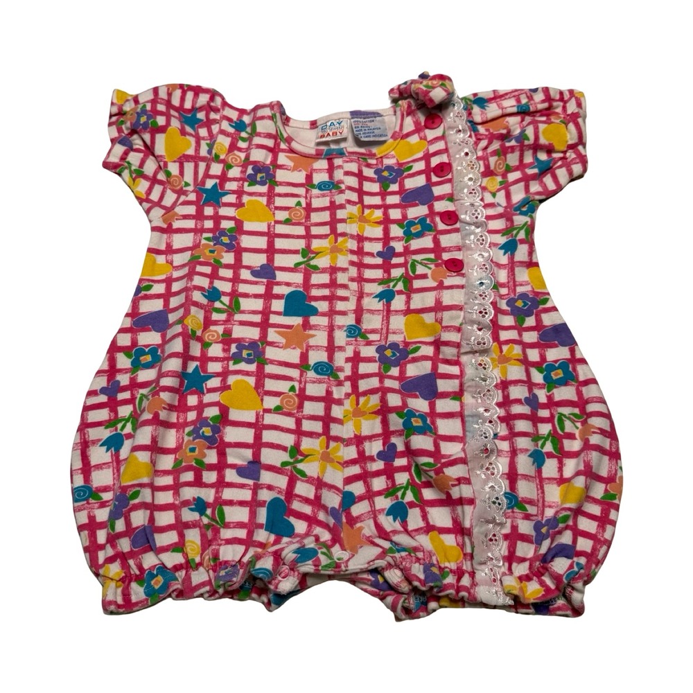 Vintage Day Sportswear Baby Pink Grid Heart Floral Bubble Romper 24M 90s Cotton